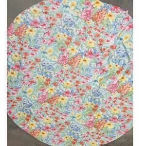Vinyl Flannel Back Tablecloth Round FLOWER Power Yellow Pink Blue Vintage Green